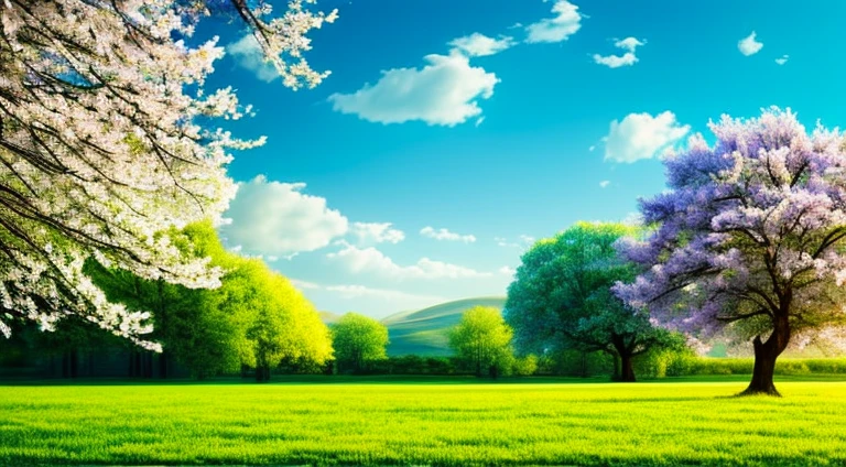 An animated landscape with breeze and 1 tree in spring
