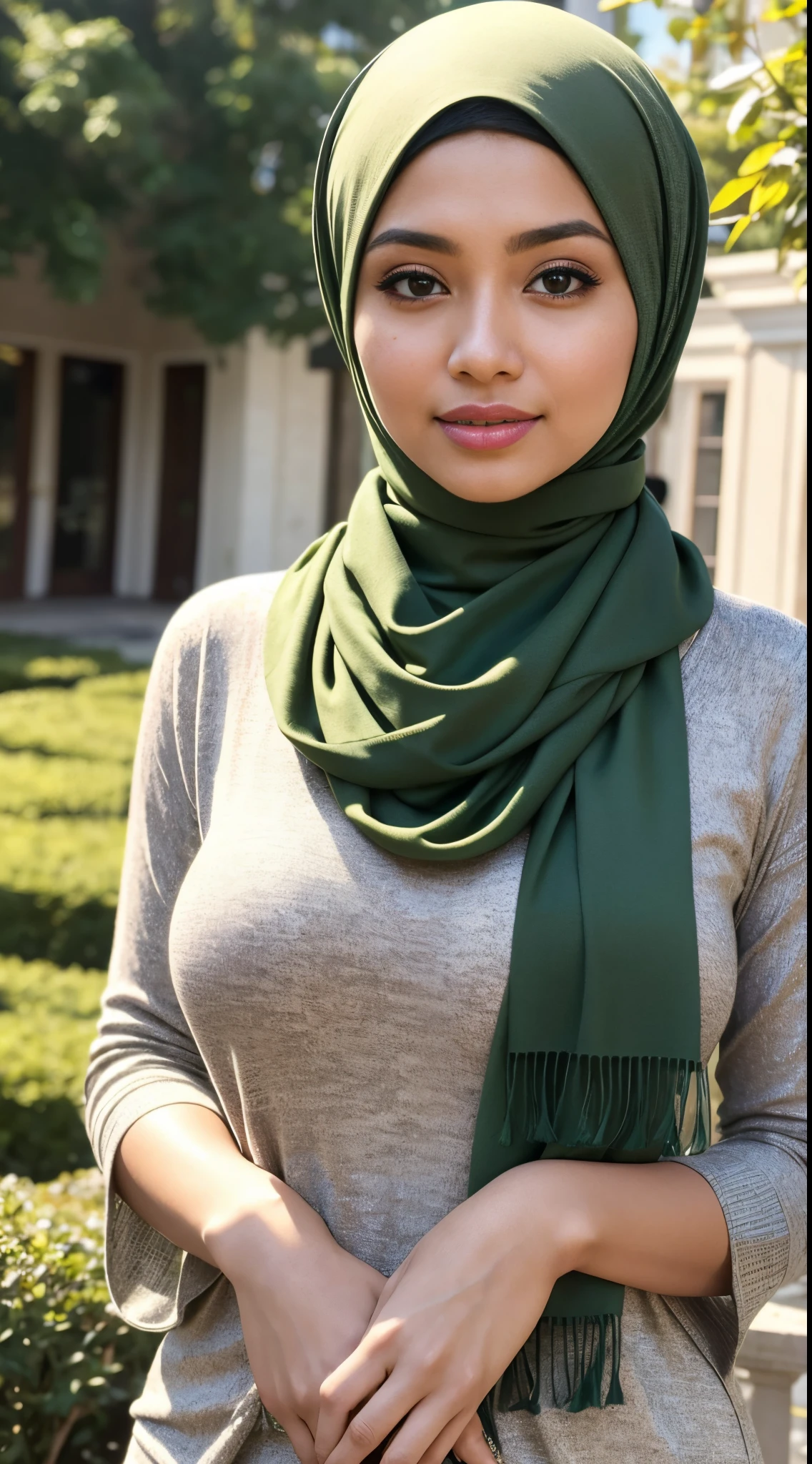 RAW, Best quality, high resolution, masterpiece: 1.3), beautiful Malay woman in hijab,Masterpiece, perfect fit body, ((Huge breast)), big orgeous eyes, Soft smile,woman in a green scarf standing in a city garden, lovely woman, hijab, malay, Beutifull girl, with lovely look, casual pose, beautiful lady, shawl, beautiful woman, with accurate, scarf,Delicate turtleneck, necklace, shairband, afternoon walk, City garden, Excellent lighting, Bright colors, Clean lines