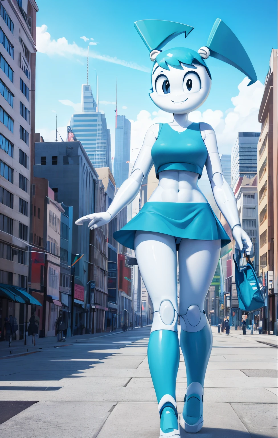 High quality portrait of Jenny Wakeman walking down a futuristic city. Day time. Looking at viewer. Smiling.