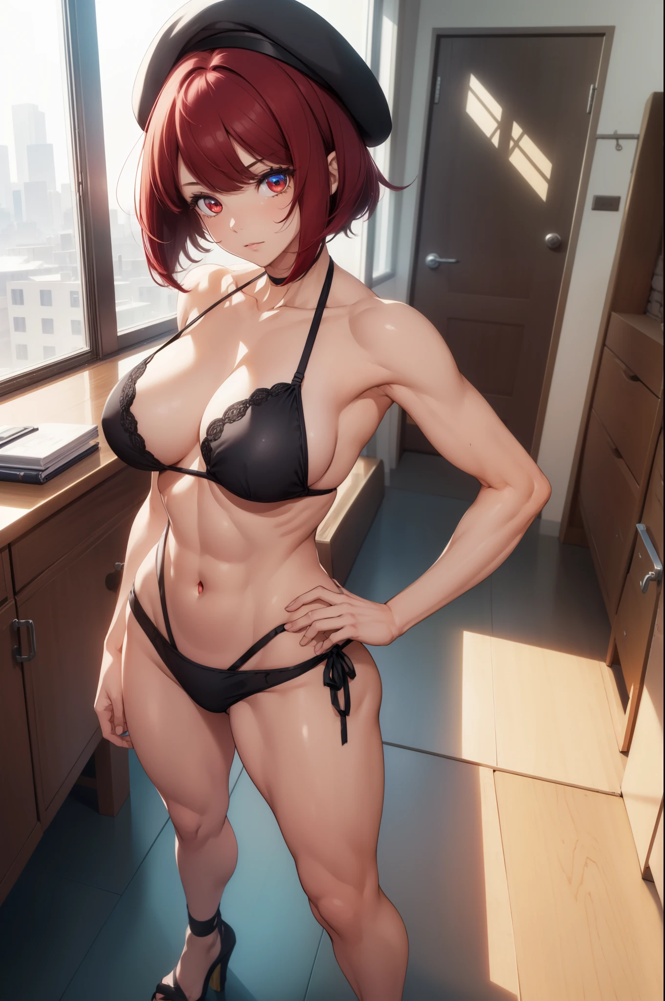 (((1 girl))), Kana Arima, bob cut, (red eyes: 1.5), red hair, short hair,
BREAK beret, (Wearing a very  and short bikini), hat, (muscular belly), wide hips, thin waist, (((making a sensual pose))), wearing black high-heeled shoes, (((standing)) ), {{{full body photo}}}, bad mood,
BREAK looking at the viewer,
Break-in at home, classroom,
break (masterpiece: 1.2), best quality, highest resolution, Unity 8k wallpaper, (illustration: 0.8), (beautiful detailed eyes: 1.6), extremely detailed face, perfect lighting, extremely detailed CG, (perfect hands , perfect anatomy),