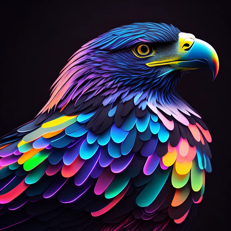 intricate and colorful, (digital painting:1.2) eagle, bright neon plumage, wings and talons extended, concept art, octane render, trending on artstation, neon-noir background, iolibt, vfx, Blender and Photoshop, octane render, excellent composition, cinematic atmosphere, dynamic dramatic cinematic lighting, aesthetic, very inspirational, arthouse,(dark plain black background:1.4))