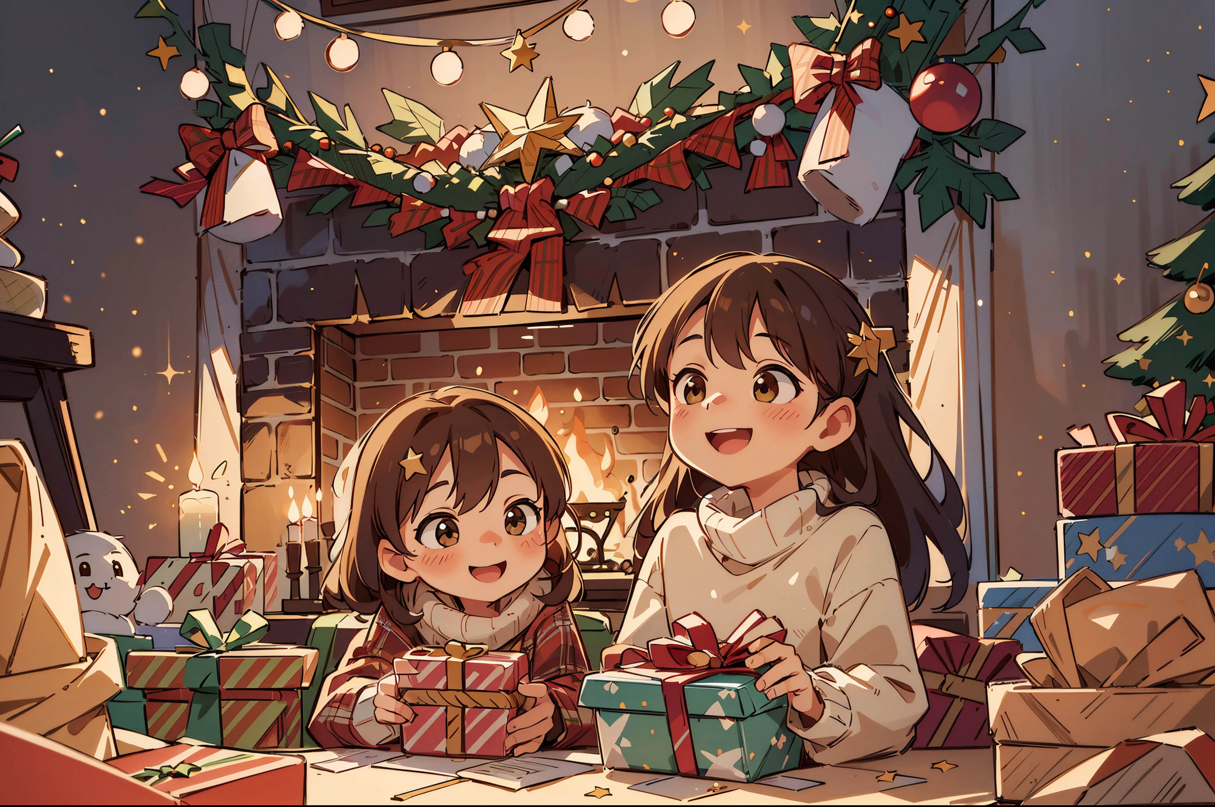 best quality, 8k, UHD, highres, masterpiece, ultra-detailed, anime style art, kids, gifts, Christmas holiday, joyful, excitement, winter, warm fireplace, presents