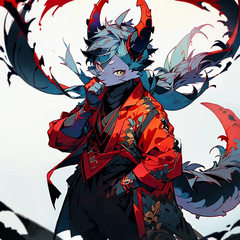 It has blue horns resembling a crescent moon. It has a long tail like a dragon. A skull covering his face, no face, and a red tattoo across his chest. There was only one eye beneath the cleavage.
He is a handsome dragon demon. He doesn't wear clothes.