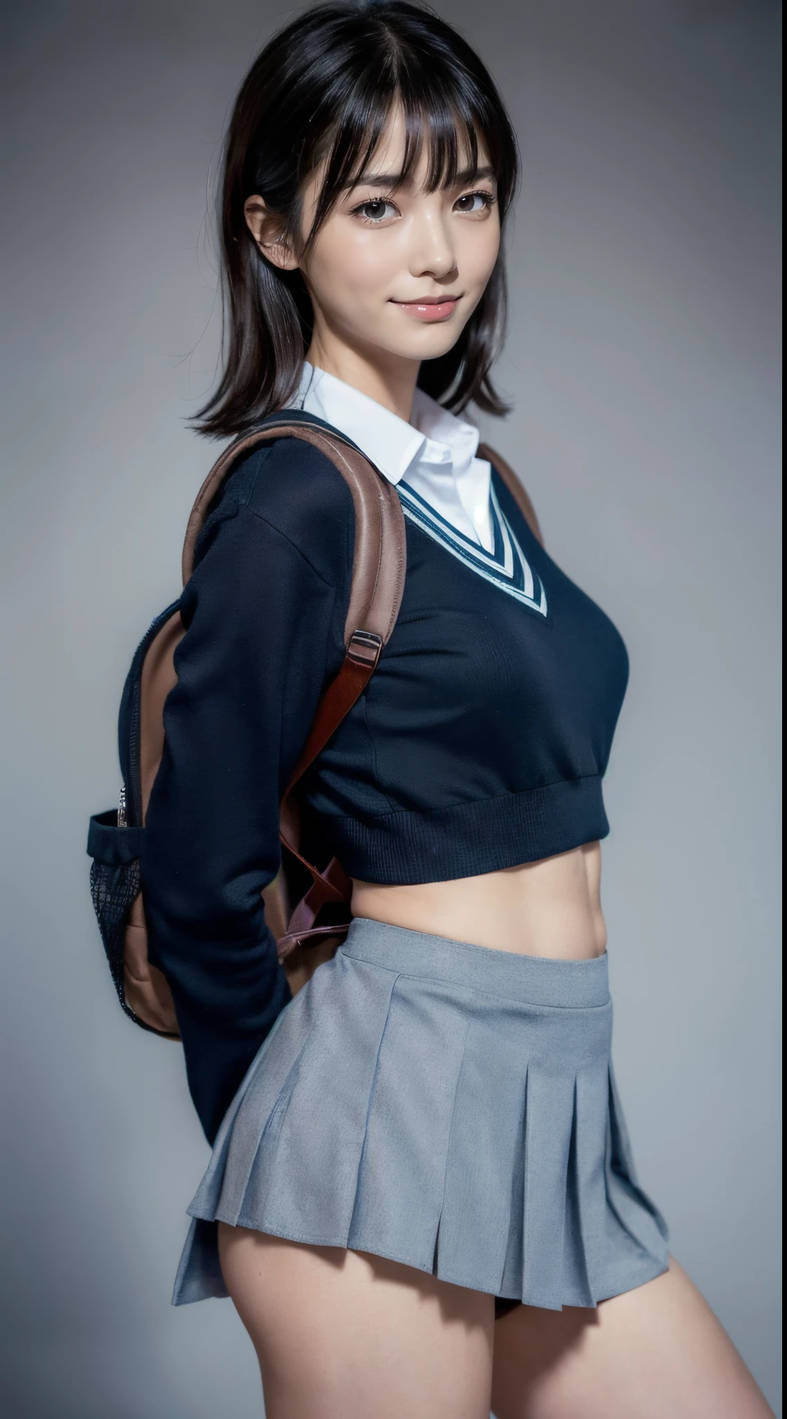 ((Dressing:1.8)), (((shool uniform:1.8, pleatedskirt:1.8, Panties with a small area:1.8, backpack:1.8))), (((stick out buttocks:1.8, Point your butt at the camera:1.8, ssmile:1.8))), 1girl in, 独奏, student, 7headed body, Ideal ratio body proportions, erectile nipple, Medium Hair, A dark-haired, With bangs, small tits, A slender, Small buttocks, beauty legs, Skinny Legs, surrealism, Cinematic lighting, depth of fields, One-person viewpoint, F/1.8, 135 mm, nffsw, masutepiece, ccurate, ((Anatomically correct:1.3)), Textured skin, Super Detail, high details, High quality, awardwinning, Best Quality, hight resolution, 8K