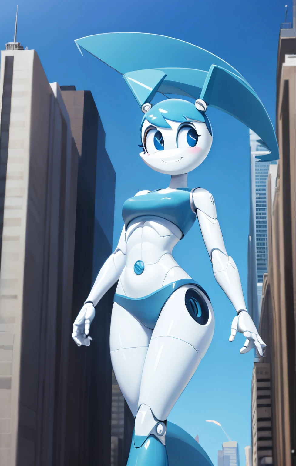 High quality portrait of Jenny Wakeman walking down a futuristic city. Day time. Looking at viewer. Smiling. Robot body, robot joints. Blue bolt on belly button