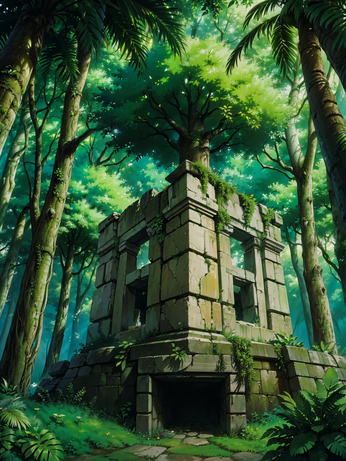 (ancient ruins, covered by time and vegetation) (on a forest trail) (with large trees) (secret passage) (best quality) (masterpiece) (perfect portrait) (strange scriptures) (The walls of the ruins were engraved with enigmatic symbols)