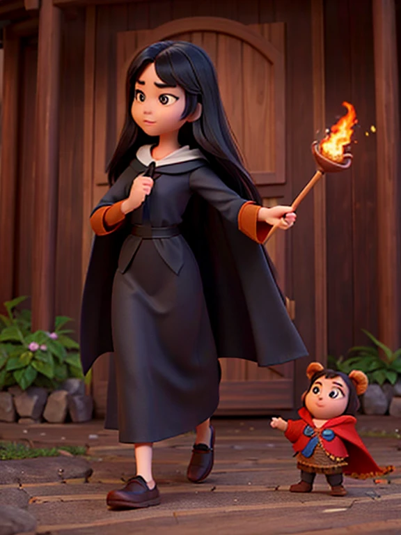 Disney, Pixar, an asian woman, Girl with long black hair, without bangs, with big brown eyes, cape, woods, witchy, strict, Lonely, Magic