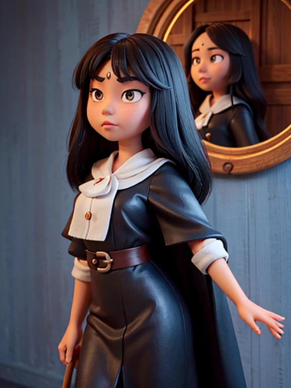 Disney, Pixar, an asian woman, Girl with long black hair, without bangs, with big brown eyes, cape, woods, witchy, strict, Lonely, Magic