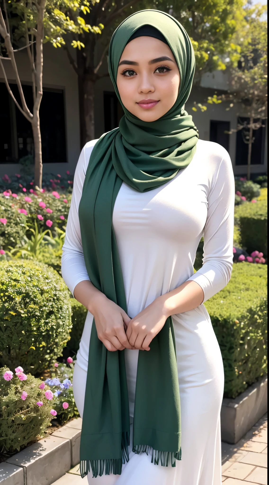 RAW, Best quality, high resolution, masterpiece: 1.3), beautiful Malay woman in hijab,Masterpiece, perfect fit body, ((Huge breast)), big orgeous eyes, Soft smile,woman in a green scarf standing in a city garden, lovely woman, hijab, malay, Beutifull girl, with lovely look, casual pose, beautiful lady, shawl, beautiful woman, with accurate, scarf,Delicate turtleneck, necklace, shairband, afternoon walk, City garden, Excellent lighting, Bright colors, Clean lines