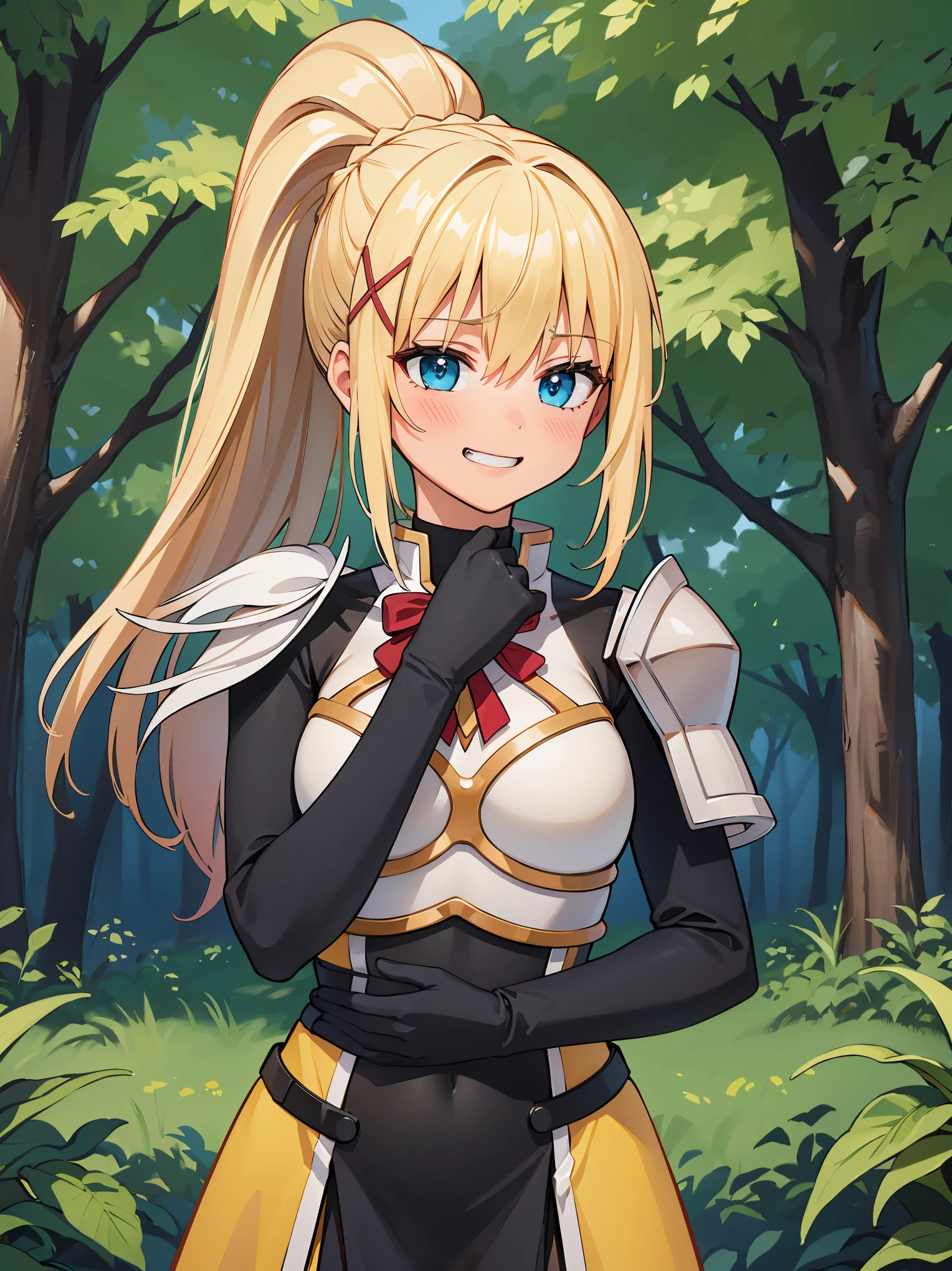 (in 8K, Raw photography, Best Quality, masutepiece: 1.2), high-definition RAW color photography, Professional Photography, Cinematic Light, (animesque:1.2), (1womanl), a blond, ((ksdarkness, ponytail, x hair ornament, armor, shoulder armor, bodysuit, black gloves, Yellow dress)), (Detailed facial expressions), slenderbody, ((Show your teeth and smile, low angles:1.1)), (((upperbody shot))),((full-face blush)), ((in woods)), Realistic, Highly detailed, Photography, masutepiece, High quality, High quality, hight resolution, Professional Lighting,