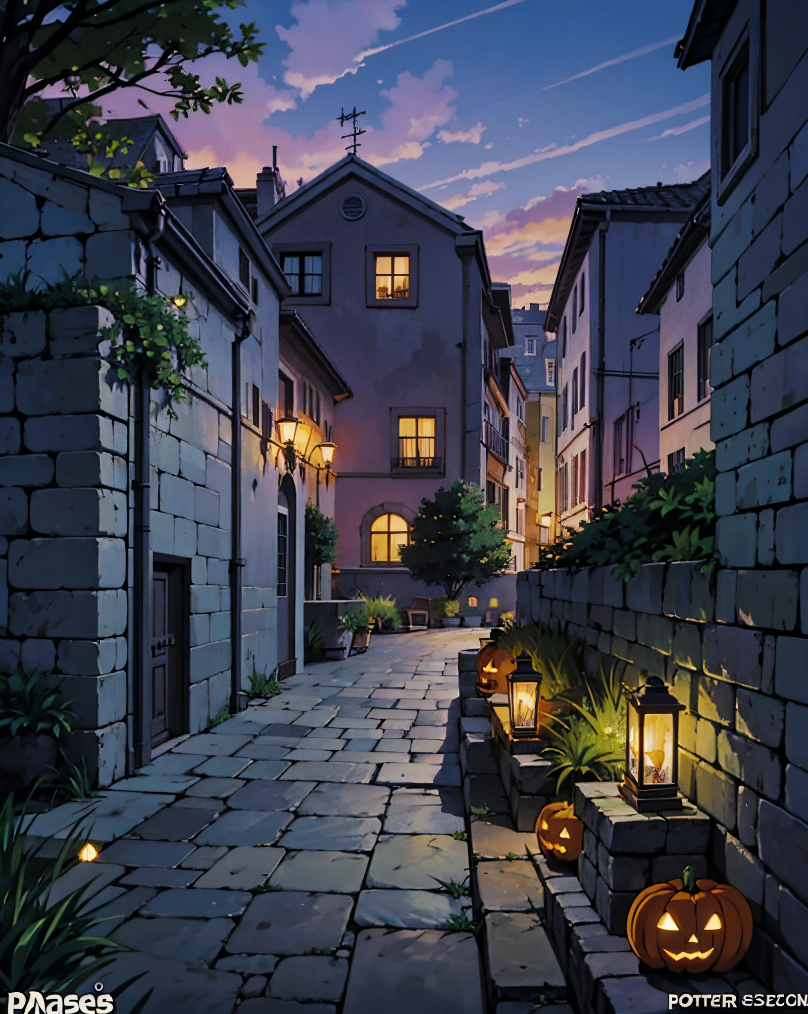 Patio with grass. Manilhas de cano de esgoto ao centro. arvores secas. Clima de Haloween. Fundo do anime. Well-defined dash. intrincate details. manga cover. poster