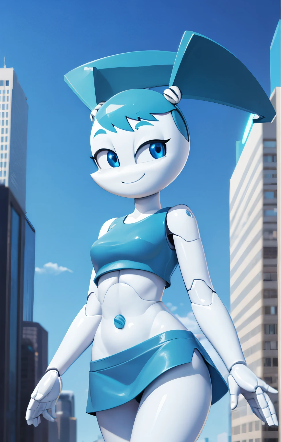 High quality portrait of Jenny Wakeman walking down a futuristic city. Day time. Looking at viewer. Smiling. Robot body, robot joints. Blue bolt on belly button, blue mini skirt