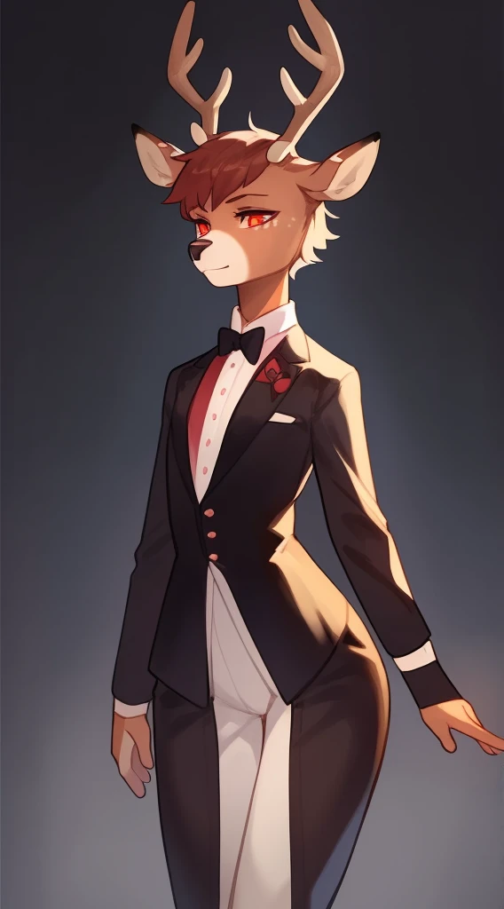 Best Quality, super detailed illustration, (1 boy:1.2), (furry deer:1.4) , The body is like a girl's, Short Hair Hair, Dressed as a butler, scarlet eyes, gloomy atmosphere, ,femboi, eye liner, Author: Bebebebebe, A fluffy, lipgloss, small waist, wide hips, Slim, the perfect body, DND Style, Burning eyes,