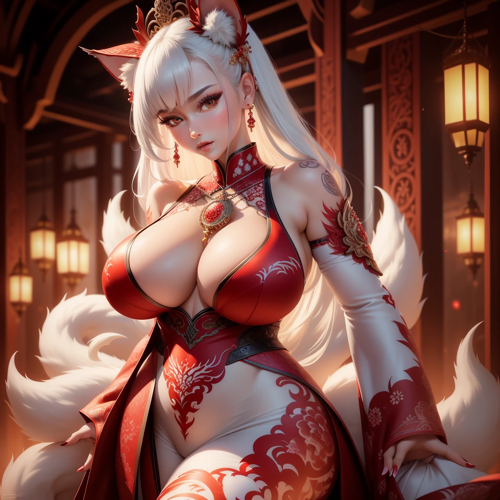 REALISTIC VISION 1.4, BETTER VAE,sharp focus, ultra detail, 32k,realistic photo, intricate details, kitsune, intricate details ,woman, nine tails,intricate details,intricate details,big tits, Voluptuous body, intricate details, Miko,clothes long white dress with red details intricate details,tattoos intricate details,full body,