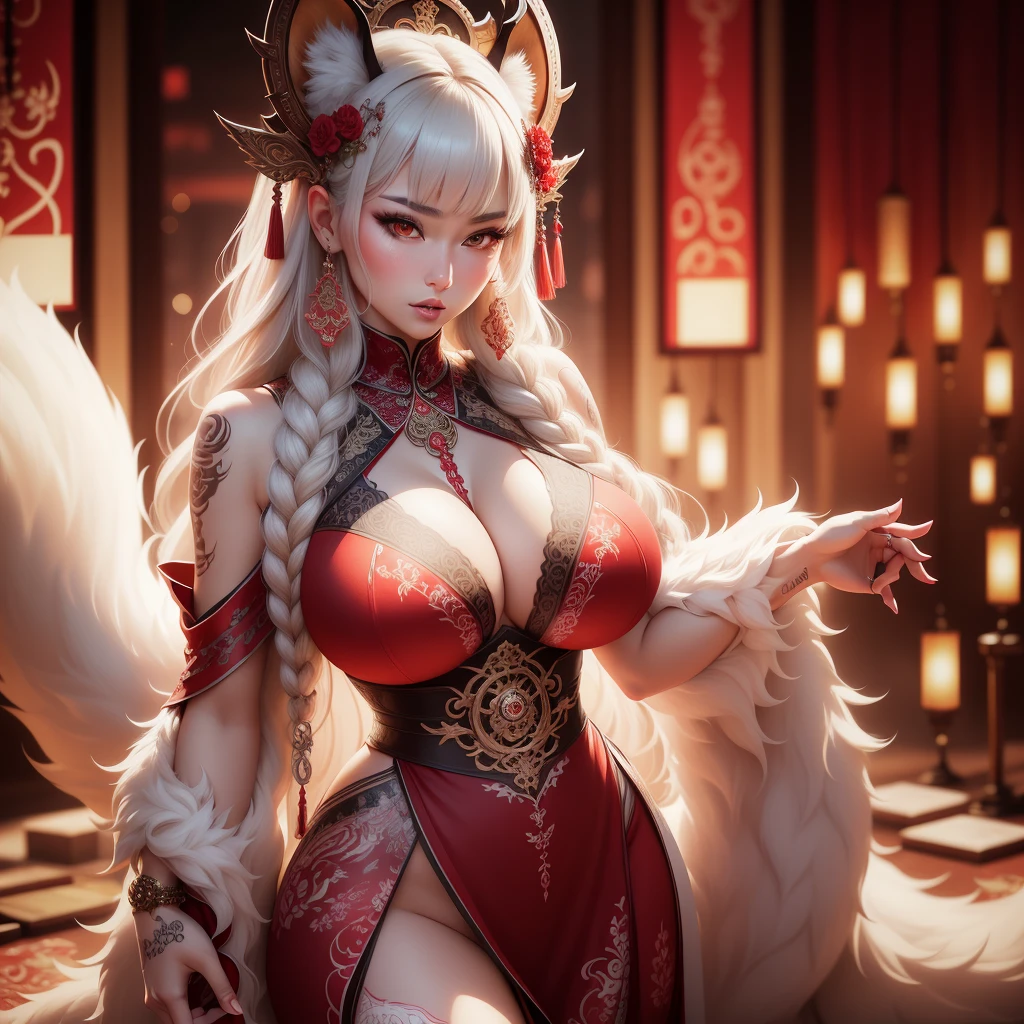 {extremely delicate and beautiful girl}, 8K Wallpaper, {{{masutepiece}}},Red Eyes,White hair,Long hair,(Bursting breasts:1.1),(skinny:1.3),Big ass,Open kimono,(Fox Girl:1.4),(Beautiful detailed breasts),(Huge breasts), (((sexy pose, model pose, standing pose)))