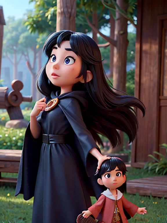 Disney, Pixar, an asian woman, Girl with long black hair, without bangs, with big brown eyes, cape, woods, witchy, strict, Lonely, Magic