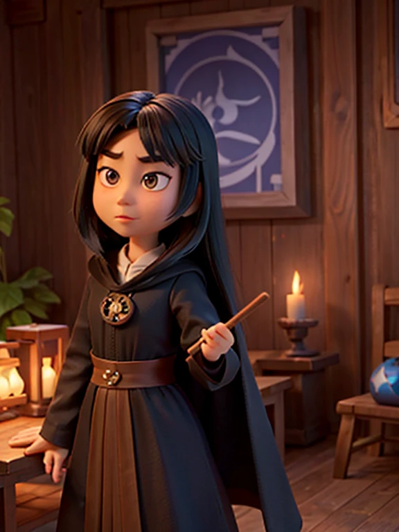 Disney, Pixar, an asian woman, Girl with long black hair, without bangs, with big brown eyes, cape, woods, witchy, strict, Lonely, Magic