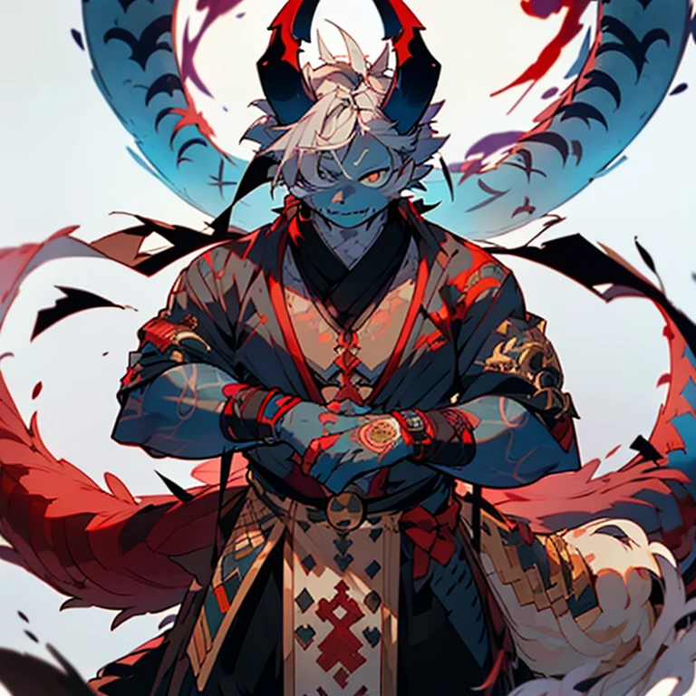 It has blue horns resembling a crescent moon. It has a long tail like a dragon. A skull covering his face, no face, and a red tattoo across his chest. There was only one eye beneath the cleavage.
He is a handsome dragon demon. He's naked and has a really big dick. He is a muscle man.