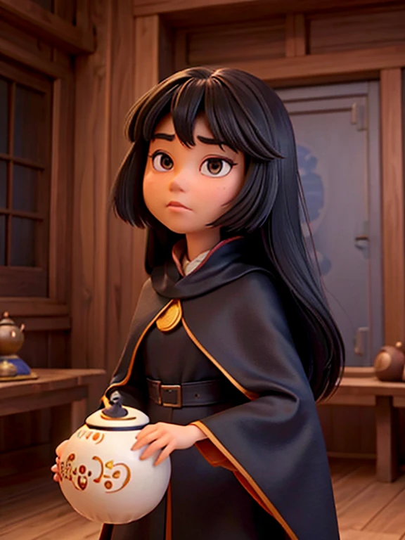 Disney, Pixar, an asian woman, Girl with long black hair, without bangs, with big brown eyes, cape, woods, witchy, strict, Lonely, Magic