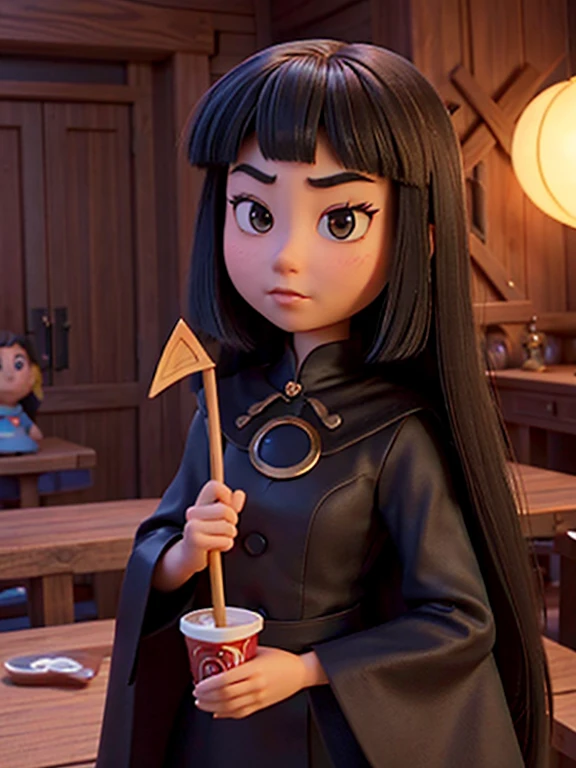 Disney, Pixar, an asian woman, Girl with long black hair, without bangs,  with big brown eyes, cape, woods, witchy, strict, Lonely, Magic