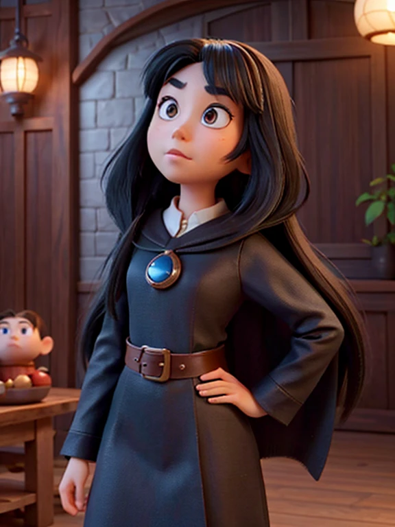 Disney, Pixar, an asian woman, Girl with long black hair, without bangs, with big brown eyes, cape, woods, witchy, strict, Lonely, Magic