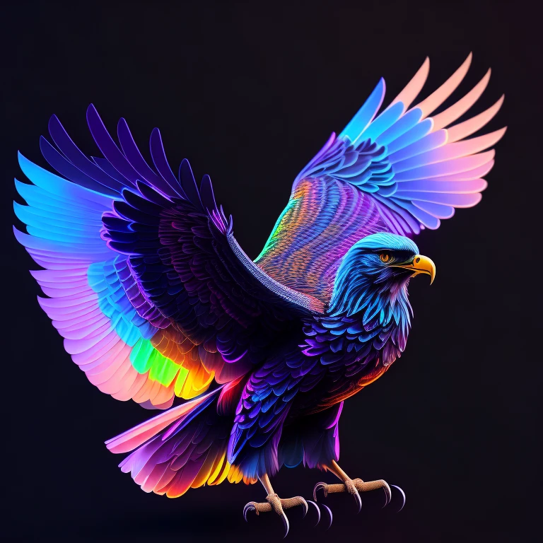 intricate and colorful, (digital painting:1.2) eagle, bright neon plumage, wings and talons extended, concept art, octane render, trending on artstation, neon-noir background, iolibt, vfx, Blender and Photoshop, octane render, excellent composition, cinematic atmosphere, dynamic dramatic cinematic lighting, aesthetic, very inspirational, arthouse,(dark plain black background:1.4))