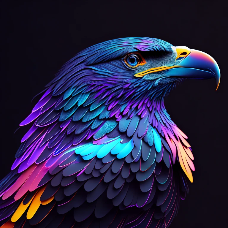 intricate and colorful, (digital painting:1.2) eagle, bright neon plumage, wings and talons extended, concept art, octane render, trending on artstation, neon-noir background, iolibt, vfx, Blender and Photoshop, octane render, excellent composition, cinematic atmosphere, dynamic dramatic cinematic lighting, aesthetic, very inspirational, arthouse,(dark plain black background:1.4))