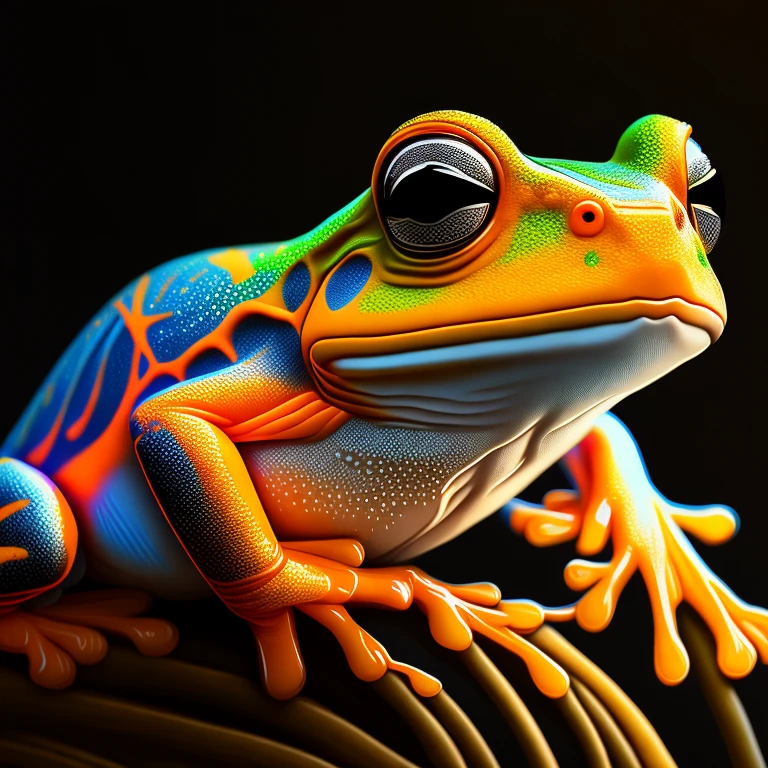 intricate and colorful, (digital painting:1.2) orange tree frog, bright neon skin, wet, portrait, concept art, octane render, trending on artstation, neon-noir background, iolibt, vfx, Blender and Photoshop, octane render, excellent composition, cinematic atmosphere, dynamic dramatic cinematic lighting, aesthetic, very inspirational, arthouse,(dark plain black background:1.4))