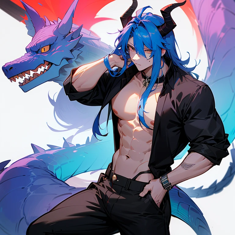 muscular male with black slick pompadour haircut, wearing a sleeveless leather trench coat, has blue scaled dragon arms, has blue dragon horns, has blue dragon scales on chest, happy, shirtless, has blue dragon scales