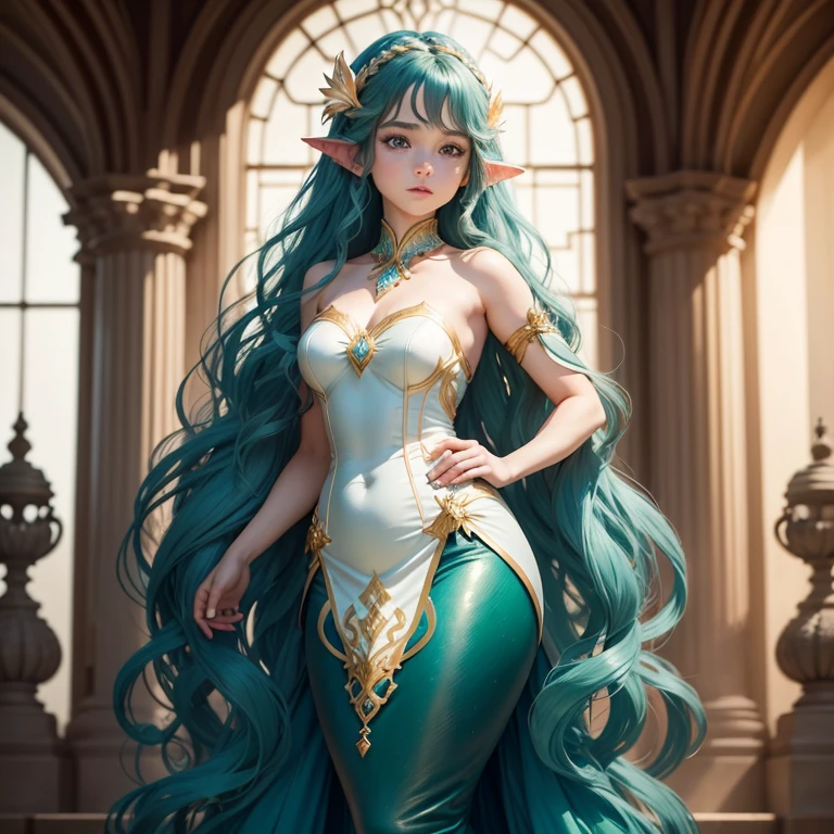 Graceful elven girl standing in meadow, Delicate face illuminated by the soft light of the setting sun. Her long, Flowing hair runs down your back, Decorated with intricate braids、Adorned with sparkling gemstones. This great photo is、、、It captures the ethereal beauty of elves. Slender figure in silk dress、Swaying in the soft steppe breeze. Attention to detail、Face that is、Face that is、Face that is、Face that is、Face that is、Face that is、It is evident in the intricate patterns of the dress and the subtle highlights of the luminescence. skin. The breathtaking portrayal of the elven girl is、、、、、、、Create an enchanting atmosphere、It invites the viewer to a magical world. emerald green hair color and eyes,