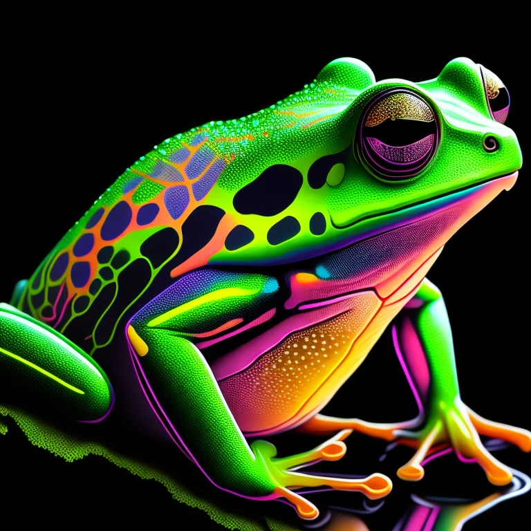 intricate and colorful, (digital painting:1.2) tree frog, bright neon skin, wet, portrait, concept art, octane render, trending on artstation, neon-noir background, iolibt, vfx, Blender and Photoshop, octane render, excellent composition, cinematic atmosphere, dynamic dramatic cinematic lighting, aesthetic, very inspirational, arthouse,(dark plain black background:1.4))