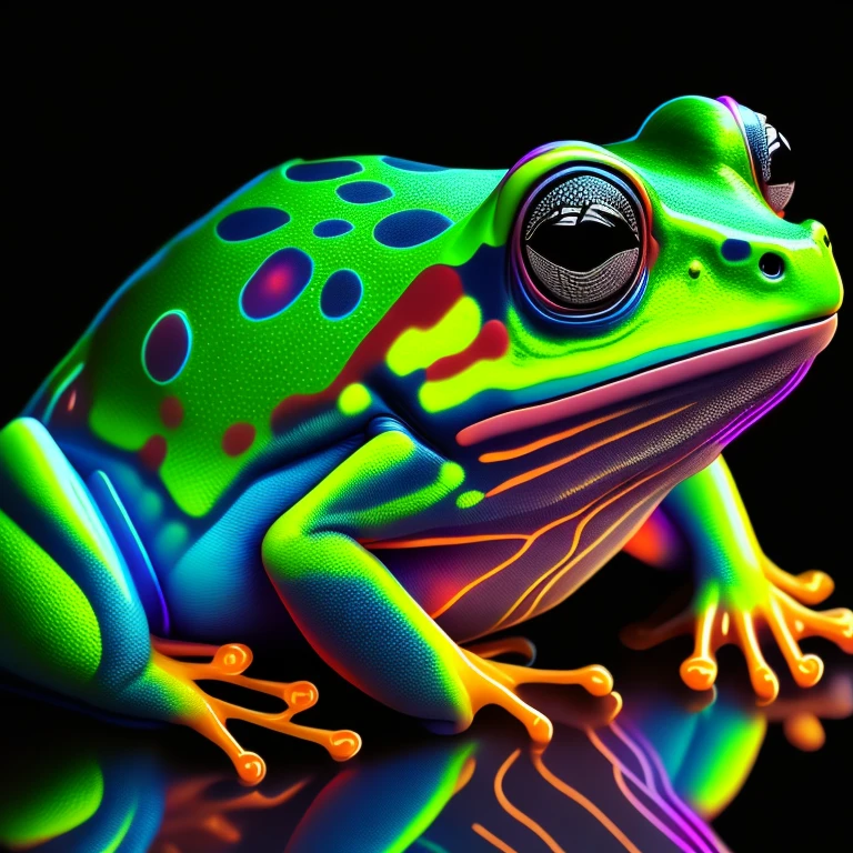 intricate and colorful, (digital painting:1.2) tree frog, bright neon skin, wet, portrait, concept art, octane render, trending on artstation, neon-noir background, iolibt, vfx, Blender and Photoshop, octane render, excellent composition, cinematic atmosphere, dynamic dramatic cinematic lighting, aesthetic, very inspirational, arthouse,(dark plain black background:1.4))