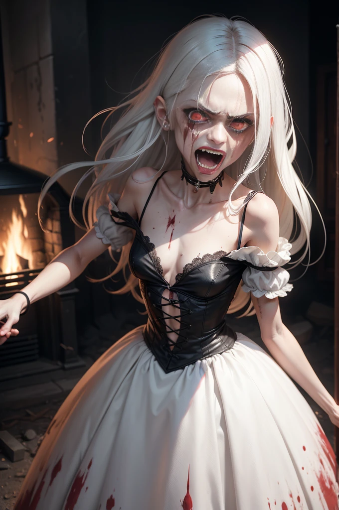 A very pal young girl humanoid
character, with red eyes, her name is Cassie,
she is crazy, nuts, with cuts and scraps, horror,
she is creepy, she is scary, shock value,
very evil, ill, she is skinny, evoke, fear, terror,
dread, decay, disgust, she is a Psycho, dark,
unattractively, unusually thin, thin, scraggly,
emaciated, twisted, frightening, sick,
dark background, long black_dress, gore,
blood, solo, close up, (messy_long_white_hair),
fog, evil eyes, she is flat, eyes glowing,
dress fully covers her, she's nut, yelling,
she's mad, she's furious,
she's screaming out loud, showing teeth,
mouth open wide, yelling at the camera,
fire in the background, rage, sharp teeth,
bloody mouth, vampire like, flat_chested, holding a sword
