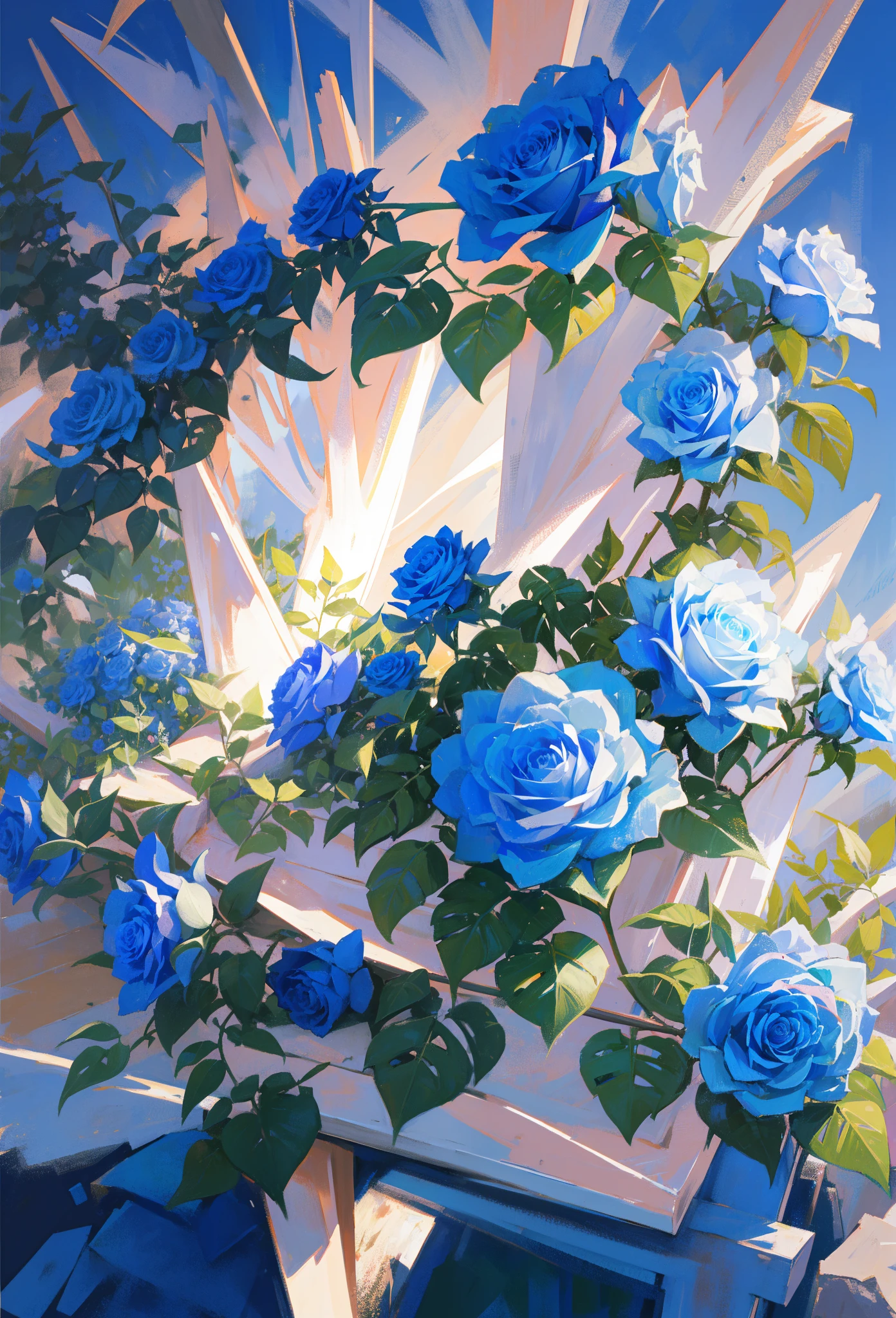 sea of blue roses, garden full of roses of dew blue, light blue, cerulean, a purple rose in the middle
