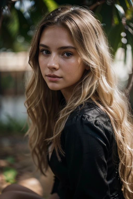 Photo of a 20 year old scandivian girl, raw, beatiful woman, in the nature (Extra long wavy blond hair), ((Portrait)), (Detailed Face:1.2)), ((detailed facial features)), (finely detailed skin), pale skin, (cold color), moist, Reflectors, (masterpiece), (perfectly proportions), (photos realistic), (best quality), (Detailed), photpgraphed in a Canon EOS R5, 50mm Lens, F/2.8, nffsw, (8K), (wallpaper), (cinematic lighting), (dramatic lighting), (crisp coconut), (convoluted), Fashion, From above, black dress, dynamic pose, model, safeforwork