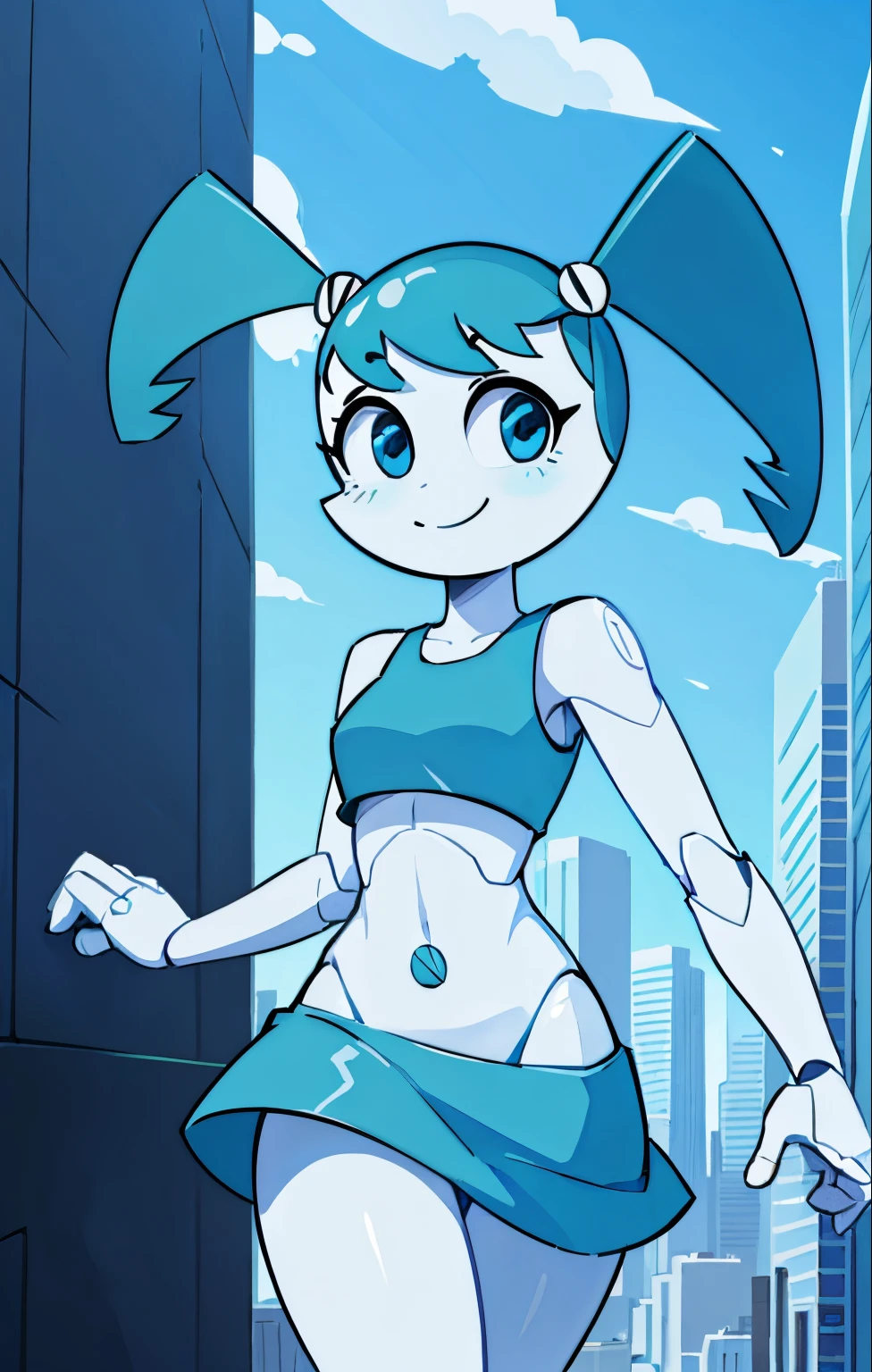 High quality portrait of Jenny Wakeman walking down a futuristic city. Day time. Looking at viewer. Smiling. Robot body, robot joints. Blue bolt on belly button, blue mini skirt