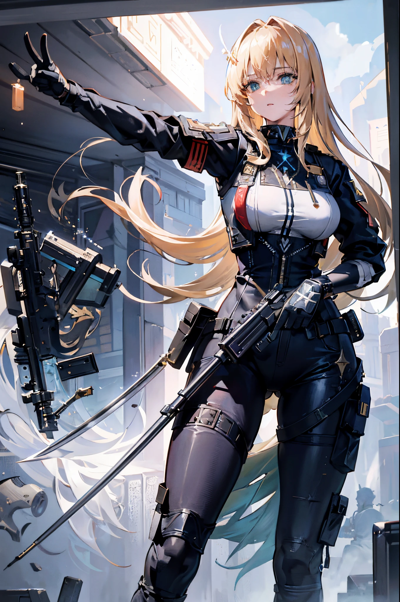 {{masterpiece, best quality, extremely detailed CG, unity 8k UHD wallpaper, cinematic lighting, lens flare}}, a girl shooting a gun, wide view, full body, thick body, long blond hair, green eyes, (holding weapon, holding rifle,aiming,aim:1.4), gun, h&k hk416, carbine, open fire, firing, raw, hdr, film grain sharp, cinematic art.masterpiece,best quality,ultra-detailed,very detailed illustrations,extremely detailed,intricate details,highres,super complex details,extremely detailed 8k cgi,cowboy shot, caustics,reflection,ray tracing,demontheme,nebula,dark aura