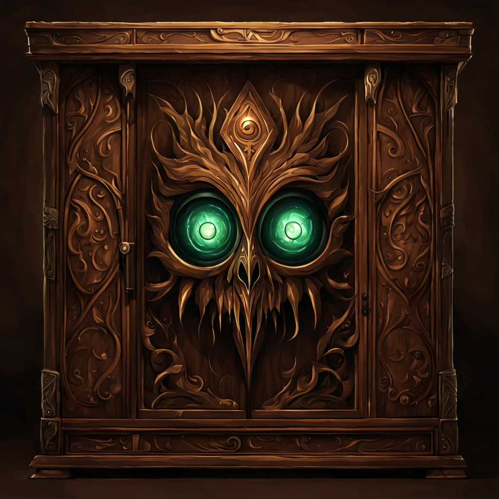 A Alinor Cabinet in lovely browns and inside is glowing sinister eyes, in monster art style