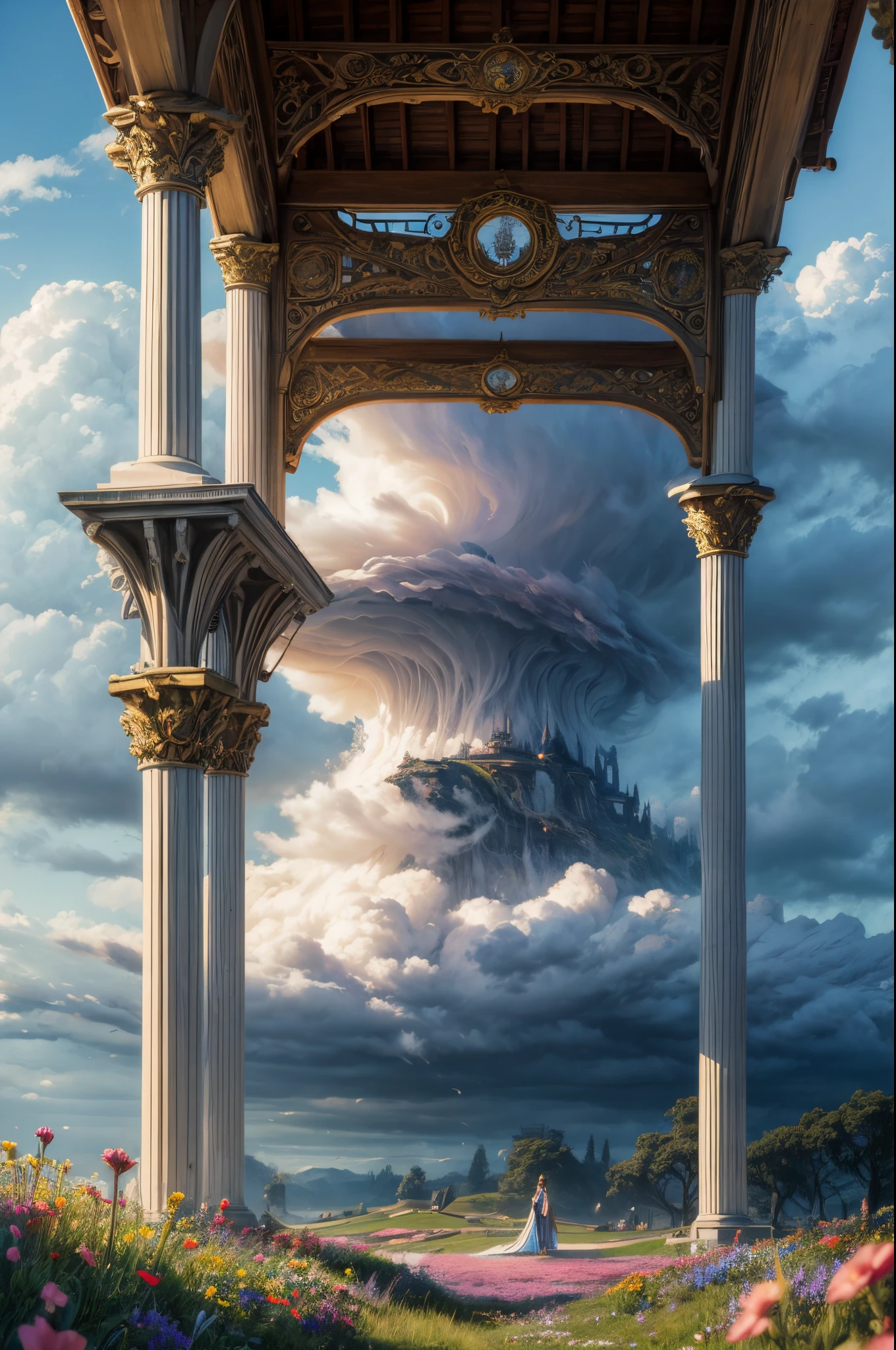 "Oil painting, ((mysterious girl)), harp notes in the air, pavilion surrounded by wildflowers, ((dramatic cloud formation)), rich palette, fantasy realm, magical aura"