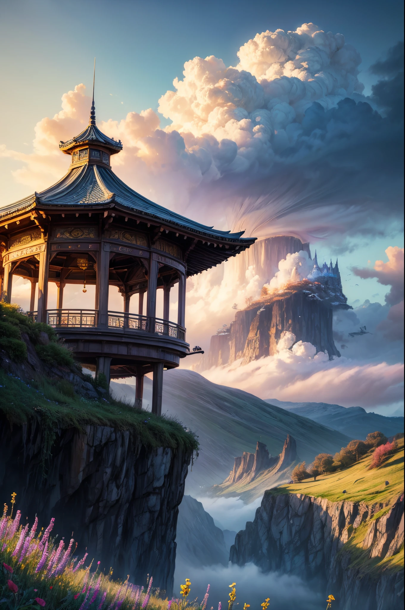 "Oil painting, ((mysterious girl)), harp notes in the air, pavilion surrounded by wildflowers, ((dramatic cloud formation)), rich palette, fantasy realm, magical aura"