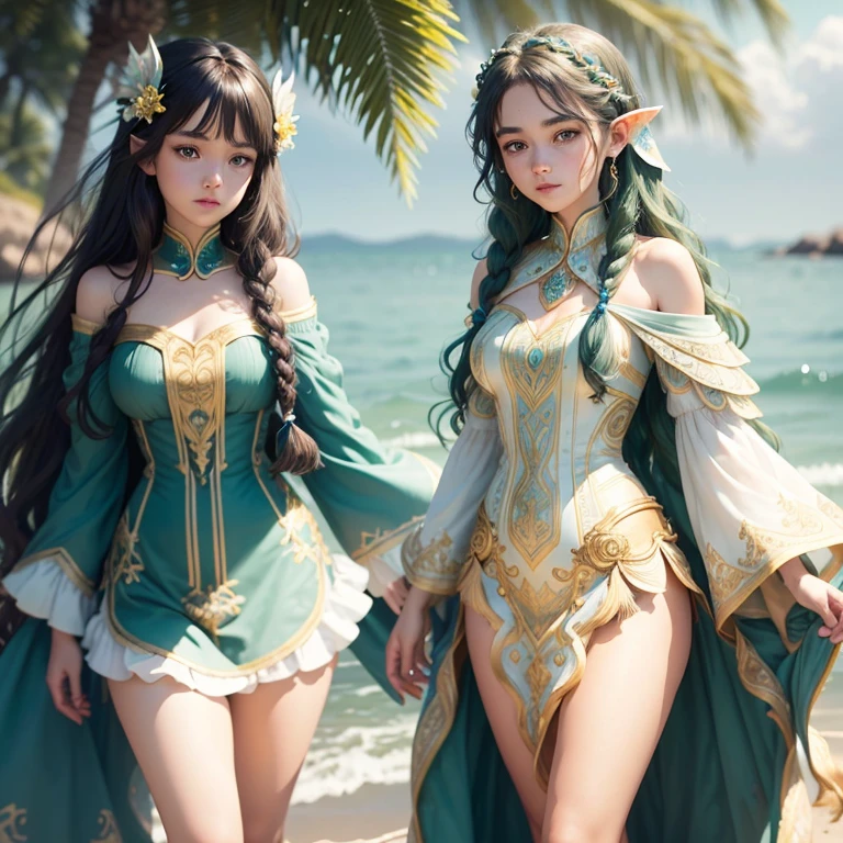 ( detailed face) mermaid Single female with legs. Fin ears(Dark green)wavy hair(braided). Standing up (facing forward). Blue eyes. White and gold dress. Shell hair ornaments