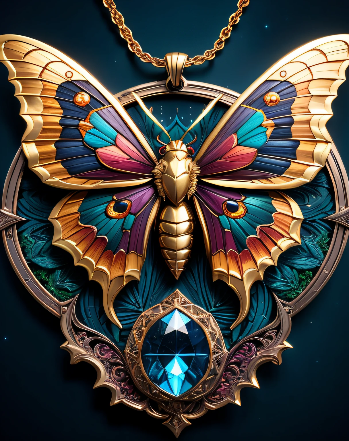 moth necklace, centered, symmetry, painted, intricate, realistic, volumetric lighting, beautiful, rich deep colors, masterpiece, best quality, sharp focus, ultra detailed, HDR, 8K, in the style of dan mumford and marc simonetti, astrophotography