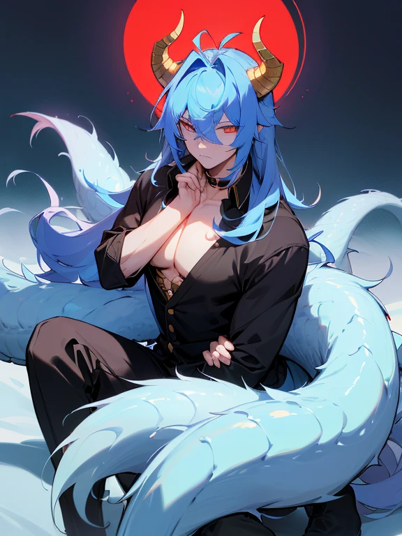It has blue horns resembling a crescent moon. It has a long tail like a dragon. A skull covering his face, no face, and a red tattoo across his chest. There was only one eye beneath the cleavage.
He is a handsome dragon demon. He was naked and had a really big cock. He is a muscular man. He is a sex addict.