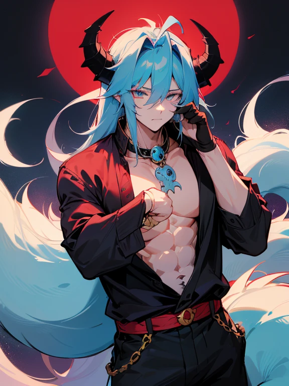 Wolf boy, sword of toxins, left hand with desert eggle, mask with shark teeth, necklace of a skull, jeans, blue hair, red eyes