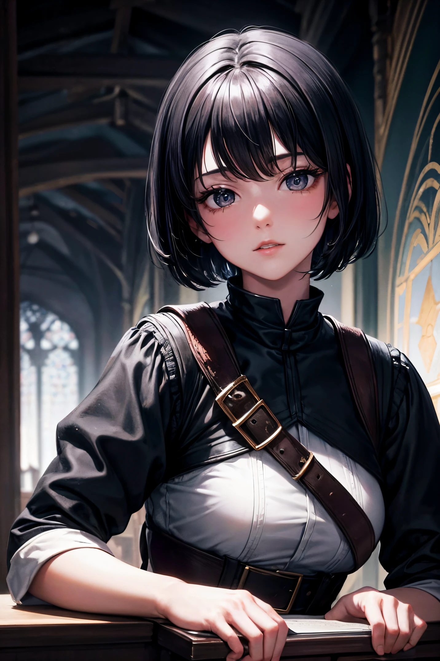 beautiful girl,black hair, black eyes,beautiful medival room background,cold look,short hair,conservative military attire, best quality, high resolution, unity 8k wallpaper