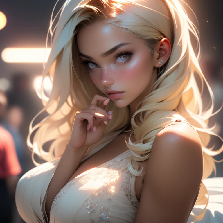 nsfw:1.5,masterpiece, best quality, high quality, high definition, high quality textures, high quality shadows, high definition, beautiful detail, highly detailed cg, detailed textures, realistic representation of faces, realistic, colorful, delicate, cinematic lights, side lights, lens flares, ray tracing, sharp focus, (1girl, __focus__:1.3), ( Intricate details, Makeup, PureErosFace_V1:0.5), (Delicate face beautiful with details, Delicate eyes beautiful in detail, Perfect face proportions, dense skin, optimal ratio of four fingers and one thumb, arms under chest, large breasts, wide hips, smooth upper abdomen, lean, dress, blonde:1.3), bed, without hands
