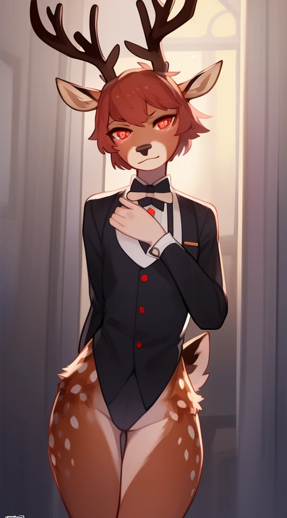 Best Quality, super detailed illustration, (1 boy:1.2), (furry deer:1.4) , The body is like a girl's, Short Hair Hair, Dressed as a butler, scarlet eyes, gloomy atmosphere, ,femboi, eye liner, Author: Bebebebebe, A fluffy, lipgloss, small waist, wide hips, Slim, the perfect body, DND Style, Burning eyes,