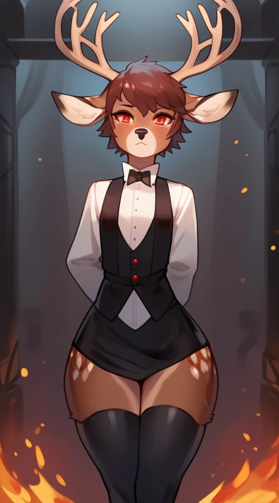 Best Quality, super detailed illustration, (1 boy:1.2), (furry deer:1.4) , The body is like a girl's, Short Hair Hair, Dressed as a butler, scarlet eyes, gloomy atmosphere, ,femboi, eye liner, Author: Bebebebebe, A fluffy, lipgloss, small waist, wide hips, Slim, the perfect body, DND Style, Burning eyes,