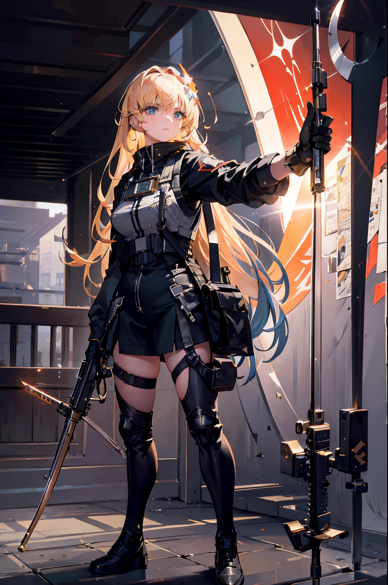 {{tmasterpiece,best qualtiy,extremaly detailed cg,Unity 8k壁纸,cinmatic lighting,lens flare glow}},A girl shoots,Wide field of view,full bodyesbian,Thick body,Long blonde hair,greene eyes,(holding a weapon,Take it,Aim for,Aim for:1.4),guns,H&K HK416,,opening fire,shooting,