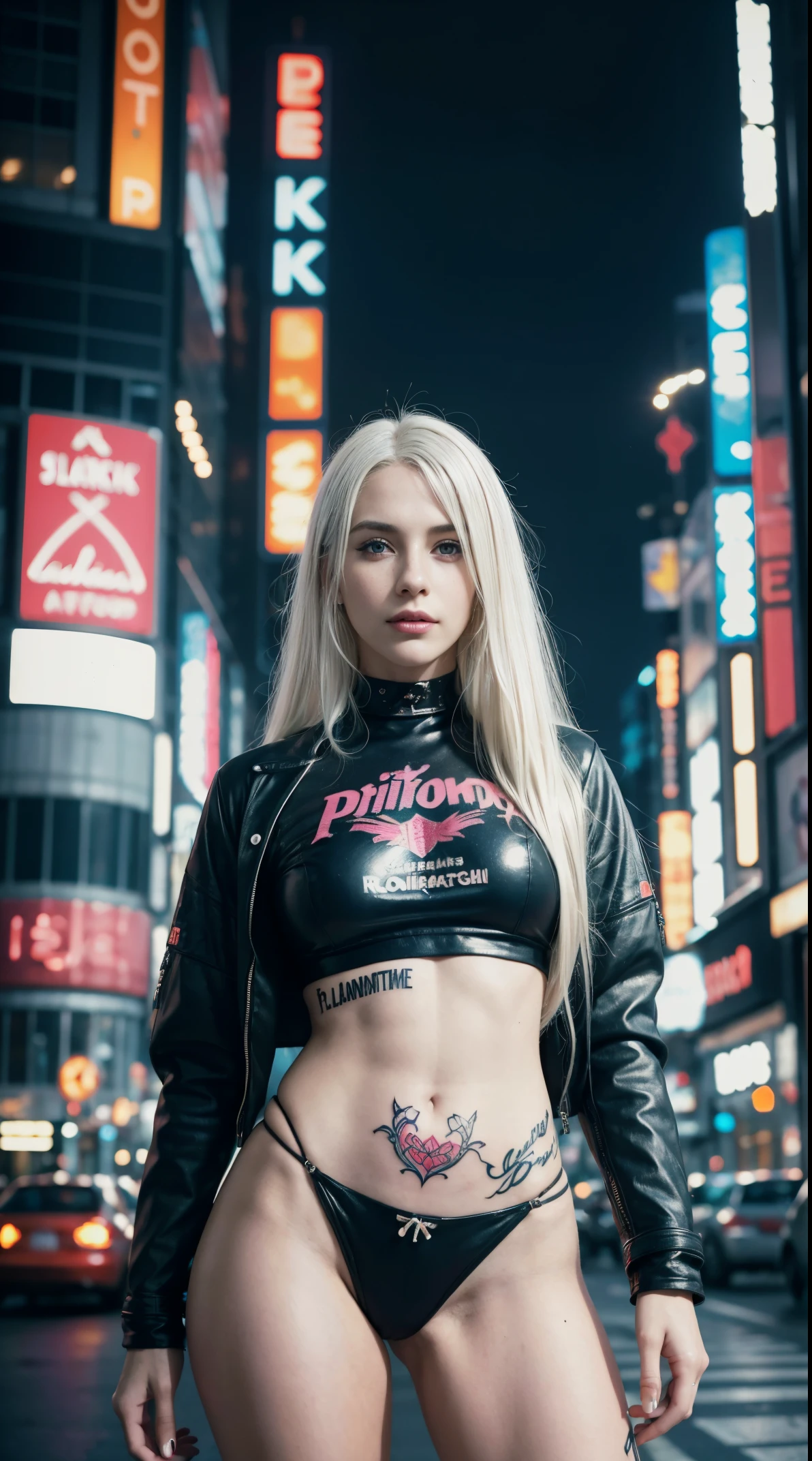 50 years old, gorgeous cute Turkish girl, smirk, freckles, polaroid photo, (dark skin:1.5), (platinum blonde hair:1.5), masterpiece, best quality, Confident cyberpunk girl, full body shot, ((standing in front of motorcycle)), Harajuku-inspired pop outfit, bold colors and patterns, eye-catching accessories, trendy and innovative hairstyle, vibrant makeup, Cyberpunk dazzling cityscape, skyscrapers, neon signs, LED lights, bright and vivid color scheme, anime, illustration, detailed skin texture, detailed cloth texture, beautiful detailed face, intricate details, ultra detailed., famous beautiful model, good young girl, (masterpiece:1.0),(best_quality:1.0), ultra high res,4K,ultra-detailed, photography, 8K, HDR, highres, absurdres:1.2, Kodak portra 400, blurry background, bokeh, lens flare, (vibrant_color:1.2),professional photograph, (the_tattoo:1.4), (beautiful_face:1.5),(narrow_waist). --v 6